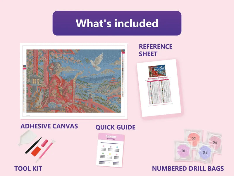 What is included in the Dove over the Crimson Robe diamond painting kit - adhesive canvas, reference sheet, tools and numbered drill bags