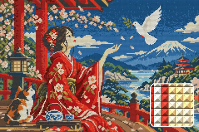 Dove over the Crimson Robe, 60x40 cm diamond painting – finished design preview with a close-up of square drills