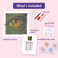 Thumbnail for Dragon Eye 50x50cm diamond painting kit contents: adhesive canvas, color chart, tools and diamond bags