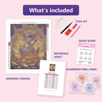 Thumbnail for Dragon Hatchling 40x50cm diamond painting kit contents: adhesive canvas, color chart, tools and diamond bags
