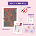 Thumbnail for What is included in the Dragon Knight of the Burning Peaks diamond painting kit - adhesive canvas, reference sheet, tools and numbered drill bags