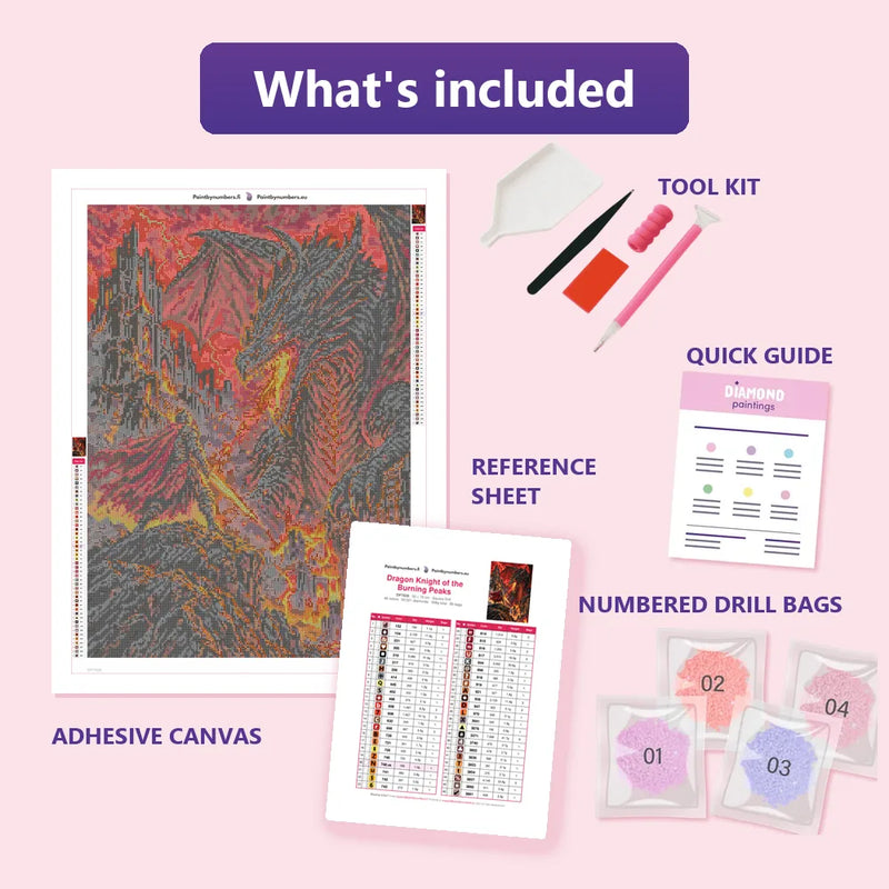 What is included in the Dragon Knight of the Burning Peaks diamond painting kit - adhesive canvas, reference sheet, tools and numbered drill bags