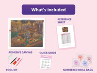 Thumbnail for Dragon Ramen 60x50cm diamond painting kit contents: adhesive canvas, color chart, tools and diamond bags