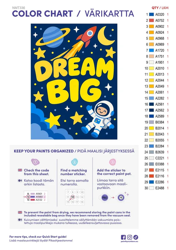 Paint color chart and instructions - Dream Big 30x40cm