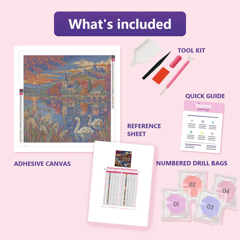 What is included in the Duddingston Reed Reflections diamond painting kit - adhesive canvas, reference sheet, tools and numbered drill bags