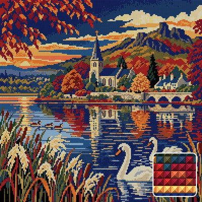 Duddingston Reed Reflections, 50x50 cm diamond painting – finished design preview with a close-up of square drills