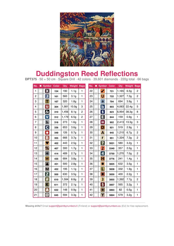 DMC color chart for Duddingston Reed Reflections diamond painting - 42 colors