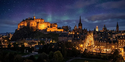 Diamond painting of an illuminated castle and city under the night sky.