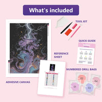 Thumbnail for Electric Storm 60x80cm diamond painting kit contents: adhesive canvas, color chart, tools and diamond bags
