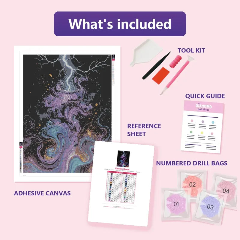 Electric Storm 60x80cm diamond painting kit contents: adhesive canvas, color chart, tools and diamond bags