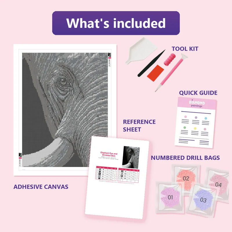 What is included in the Elephant Eye and Wrinkled Skin diamond painting kit - adhesive canvas, reference sheet, tools and numbered drill bags