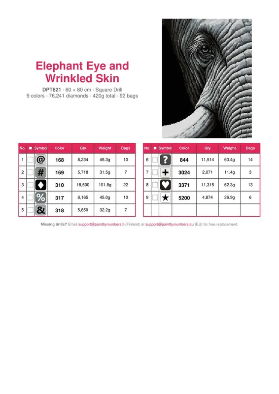 DMC color chart for Elephant Eye and Wrinkled Skin diamond painting - 9 colors