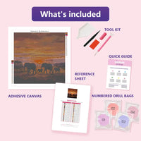 Thumbnail for Elephant Family 50x50cm diamond painting kit contents: adhesive canvas, color chart, tools and diamond bags