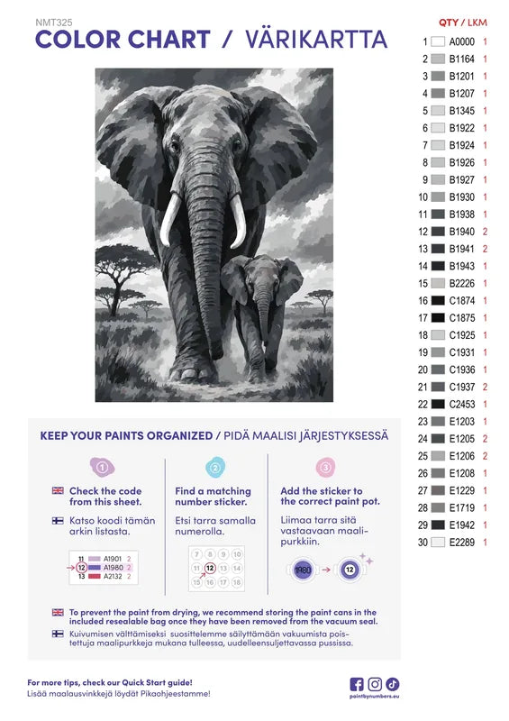 Paint color chart and instructions - Elephant in Ink 50x70cm