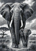 Thumbnail for Elephant and calf on savanna paint by numbers. Black and white landscape.
