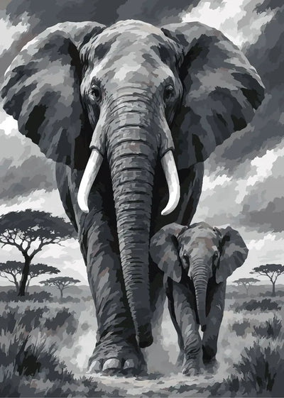 Elephant and calf on savanna paint by numbers. Black and white landscape.