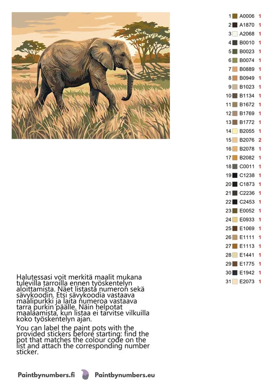 Color chart and instructions - Elephant in Savanna 50x40cm