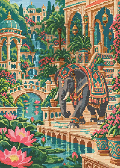 En elefant på en palatsgård med fontäner, broar, palmer och blommor