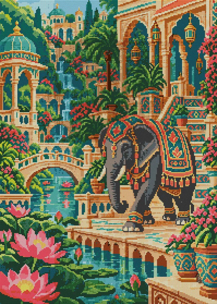 Elephant through the Lotus Palace, 50x70 cm diamond painting – full design preview without the close-up inset