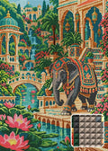 Thumbnail for Elephant through the Lotus Palace, 50x70 cm diamond painting – finished design preview with a close-up of square drills