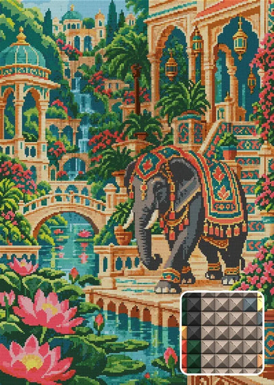 Elephant through the Lotus Palace, 50x70 cm diamond painting – finished design preview with a close-up of square drills