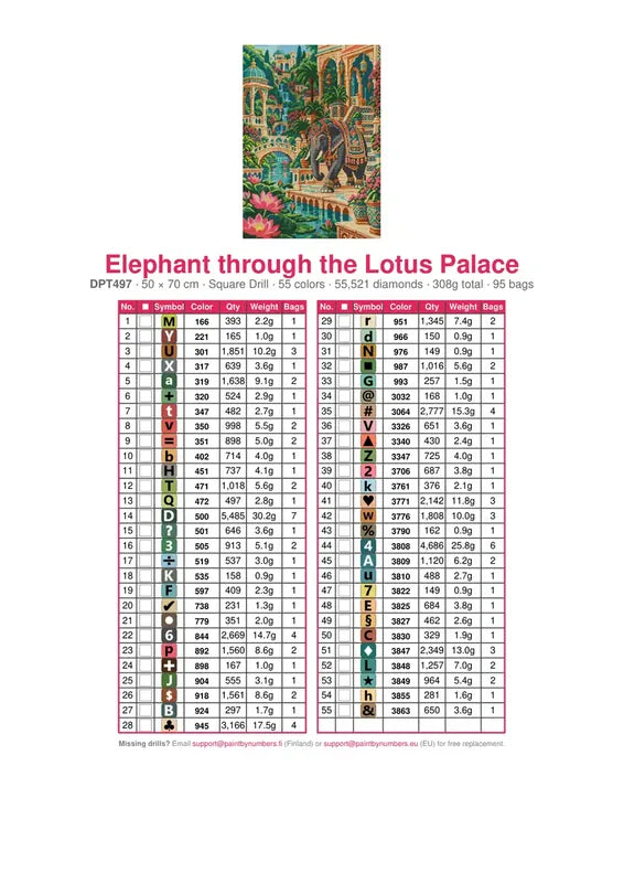 DMC color chart for Elephant through the Lotus Palace diamond painting - 55 colors
