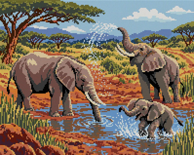 Elephants at the Clay Waterhole, 50x40 cm diamond painting – full design preview without the close-up inset