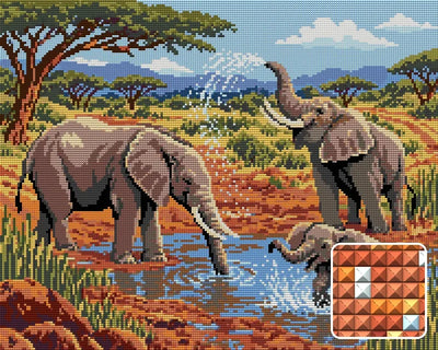 Elephants at the Clay Waterhole, 50x40 cm diamond painting – finished design preview with a close-up of square drills