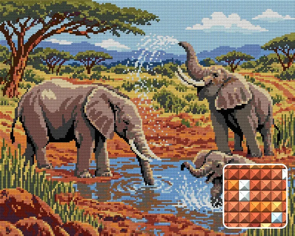 Elephants at the Clay Waterhole, 50x40 cm diamond painting – finished design preview with a close-up of square drills