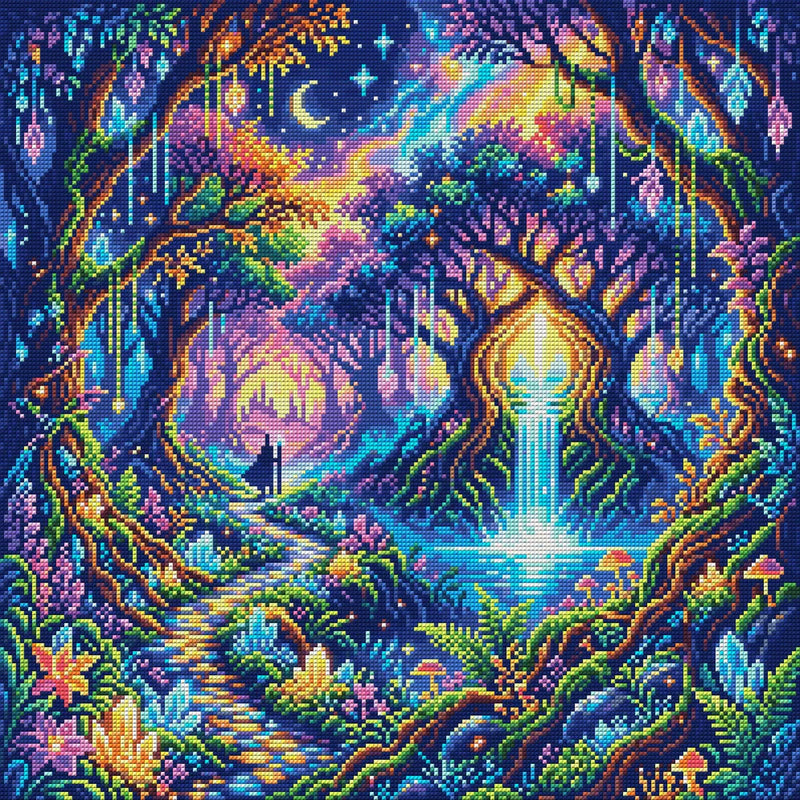 Enchanted Crystal Forest Waterfall, 50x50 cm diamond painting – full design preview without the close-up inset