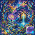 Thumbnail for Enchanted Crystal Forest Waterfall, 50x50 cm diamond painting – finished design preview with a close-up of square drills