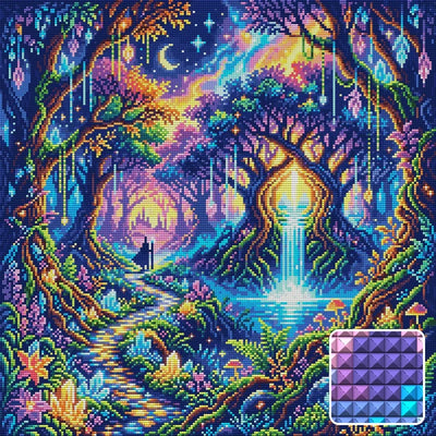 Enchanted Crystal Forest Waterfall, 50x50 cm diamond painting – finished design preview with a close-up of square drills