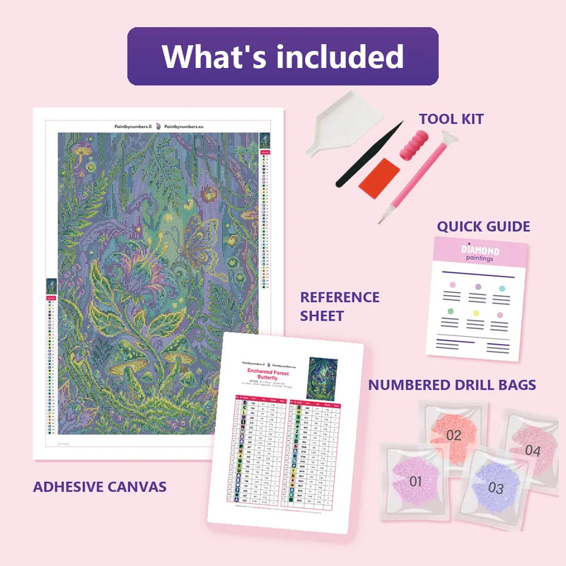 What is included in the Enchanted Forest Butterfly diamond painting kit - adhesive canvas, reference sheet, tools and numbered drill bags