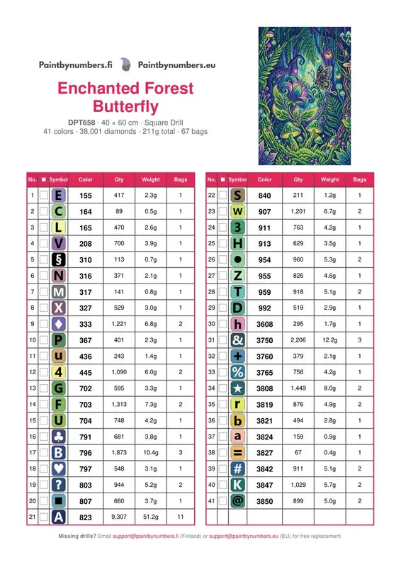 DMC color chart for Enchanted Forest Butterfly diamond painting - 41 colors