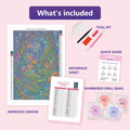 Thumbnail for What is included in the Enchanted Forest Fairy Encounter diamond painting kit - adhesive canvas, reference sheet, tools and numbered drill bags