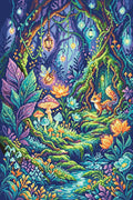 Miniatyrbild: Förhandsbild: räv vid en mossklädd dörr och älva över orange och violetta skogsblommor