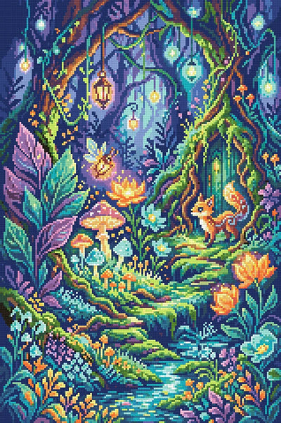 Förhandsbild: räv vid en mossklädd dörr och älva över orange och violetta skogsblommor