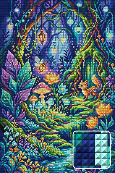 Enchanted Forest Fairy Encounter, 40x60 cm diamond painting – finished design preview with a close-up of square drills