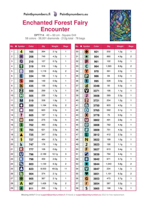 DMC color chart for Enchanted Forest Fairy Encounter diamond painting - 58 colors