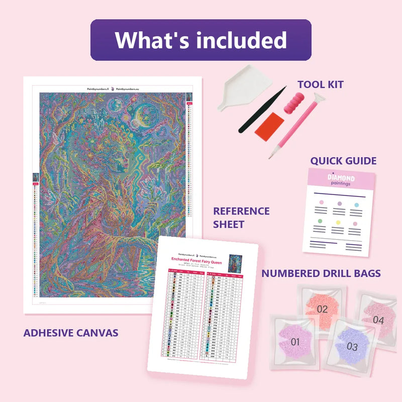 What is included in the Enchanted Forest Fairy Queen diamond painting kit - adhesive canvas, reference sheet, tools and numbered drill bags