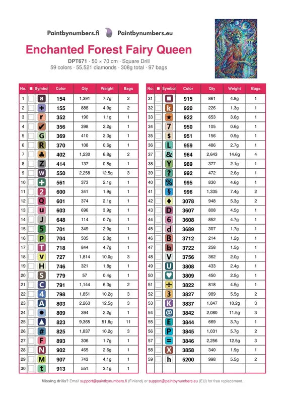 DMC color chart for Enchanted Forest Fairy Queen diamond painting - 59 colors
