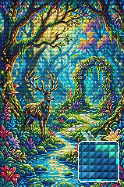 Enchanted Forest Gateway, 40x60 cm diamond painting – finished design preview with a close-up of square drills