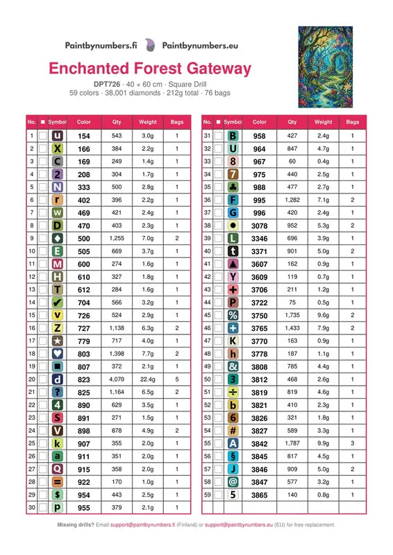 DMC color chart for Enchanted Forest Gateway diamond painting - 59 colors