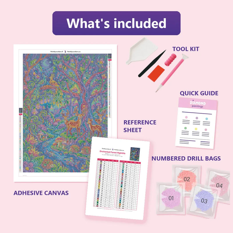 What is included in the Enchanted Forest Nightlife diamond painting kit - adhesive canvas, reference sheet, tools and numbered drill bags