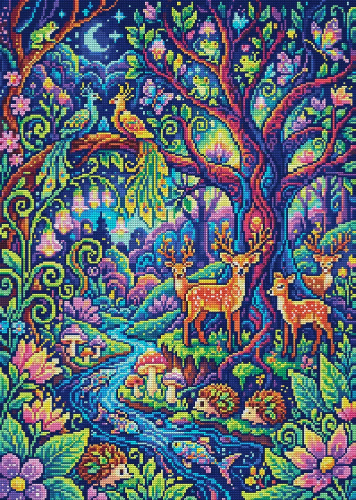 Enchanted Forest Nightlife, 50x70 cm diamond painting – full design preview without the close-up inset