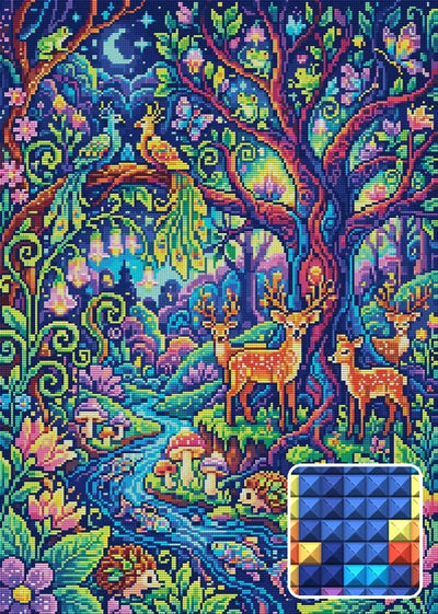 Enchanted Forest Nightlife, 50x70 cm diamond painting – finished design preview with a close-up of square drills