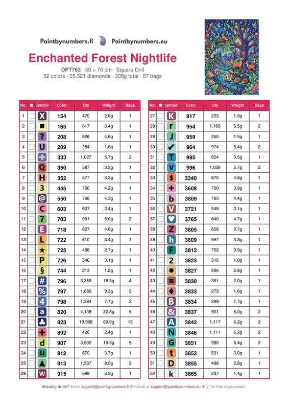 DMC color chart for Enchanted Forest Nightlife diamond painting - 52 colors