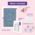 Thumbnail for What is included in the Enchanted Forest Owls and Butterflies diamond painting kit - adhesive canvas, reference sheet, tools and numbered drill bags