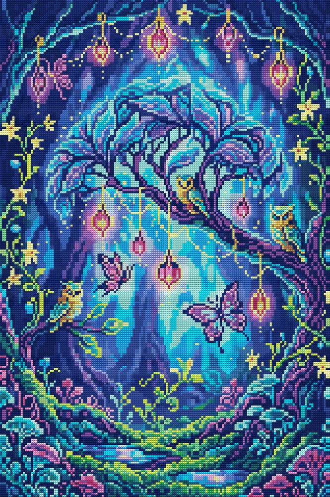 Enchanted Forest Owls and Butterflies, 40x60 cm diamond painting – full design preview without the close-up inset