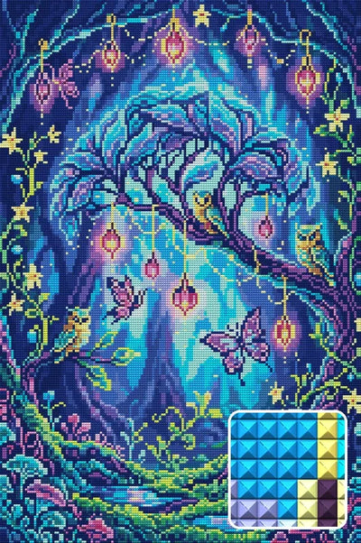 Enchanted Forest Owls and Butterflies, 40x60 cm diamond painting – finished design preview with a close-up of square drills